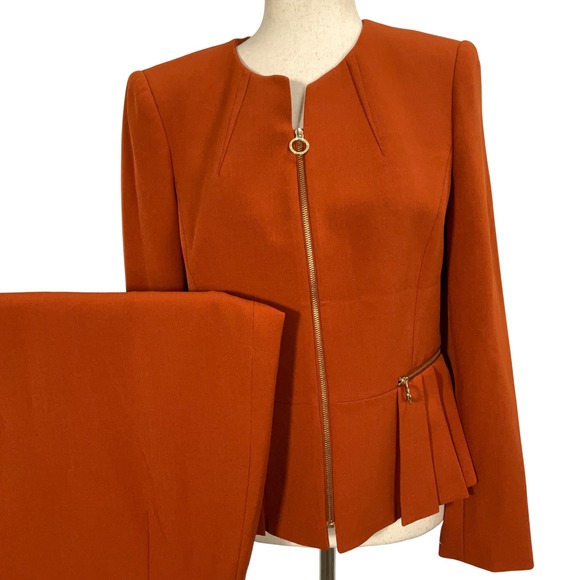 Tahari ASL Skirt Suit Women 6 Orange Spice Pleat Peplum Gold Zip Career Retro - Picture 1 of 16